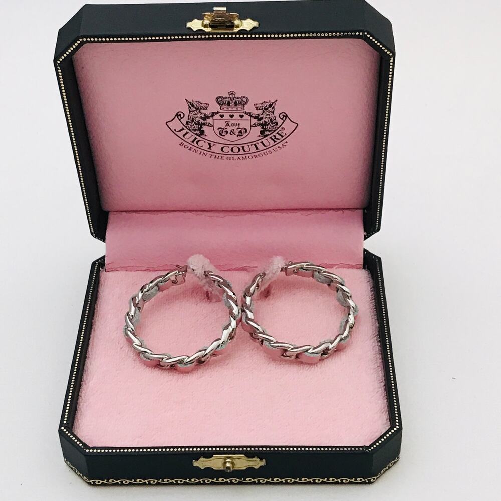 Juicy Couture Silver Tone Twisted Hoop Earrings Pink Faux Leather Original Box